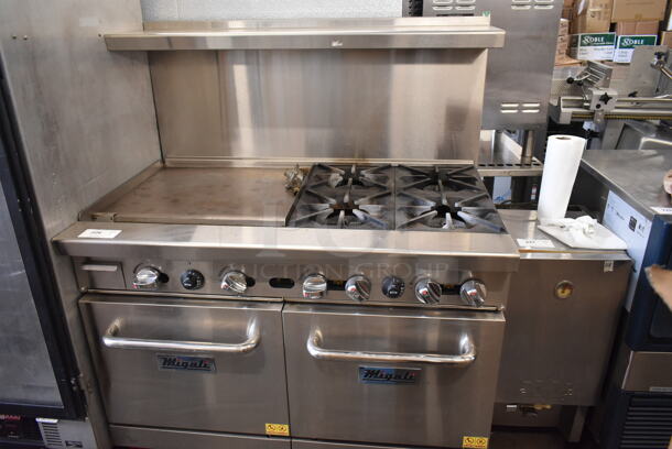 Migali C-RO4-24GL-NG Stainless Steel Commercial Natural Gas Powered 4 Burner Range w/ Flat Top Griddle, 2 Ovens, Over Shelf and Back Splash on Commercial Casters.  - Image 2 of 12