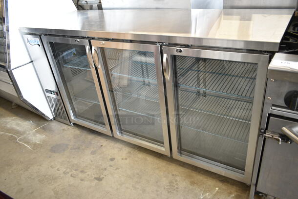 BRAND NEW SCRATCH AND DENT! 2024 Avantco 178UBB72GHCS 73" Stainless Steel Counter Height Narrow Glass Door Back Bar Refrigerator with LED Lighting. 115 Volts, 1 Phase. Tested and Powers On But Does Not Get Cold - Image 3 of 7