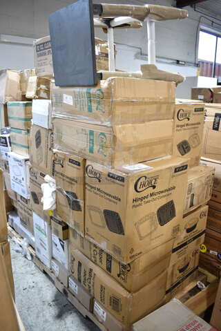 PALLET LOT of 29 BRAND NEW Boxes Including 2 Box Avantco 177FRYGUARD 18 Gauge Stainless Steel Splash Guard for FF and EF Series - 20 1/2" x 18", 2 Box 129MCR16B Choice 16 oz. Black 6 1/4" Round Microwavable Heavy Weight Container with Lid - 150/Case, 128HD16COMBO OneUp by Choice Kraft 2-Ply Wide Interfold 6 1/2" x 8 1/2" Dispenser Napkin - 6000/Case, 500TO883C3 Choice 8" x 8" x 3" Microwaveable 3-Compartment Black / Clear Plastic Hinged Container - 100/Case, 2 Box 500TO993 Choice 9" x 9" x 3" Microwavable 1-Compartment Black / Clear Plastic Hinged Container - 100/Case, 21480CWCCL Cambro 80CWC135 Camwear 1/8 Size Clear Polycarbonate Flat Lid, 2 Box 760SOUP8KFT EcoChoice 8 oz. Kraft Paper Food Cup with Vented Lid - 250/Case, 2 Box 50020C Choice 20 oz. Coffee Print Poly Paper Hot Cup - 600/Case, 3 Box 5014455HVY Lavex Hercules 56 Gallon 2 Mil 44" x 55" Low Density Heavy-Duty BlackCan Liner / Trash Bag - 50/Case, 130HCUTKWR Visions Individually Wrapped White Heavy Weight Plastic Knife - 1000/Case, Fineline 42RCL2432 Conserveware PETE Dome Lid for 24/32 oz. Rectangular Bowls - 300/Case, 130WSPOON Choice Medium Weight White Plastic Teaspoon - 1000/Case, 760BB12 Carnival King 12 oz. Clear Plastic Banana Split Boat - 500/Case, Bar Height Stool. 29 Times Your Bid!