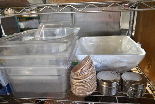 ALL ONE MONEY! Lot of 6 Tiers of Various Items Including Poly Drop In Bins, Candle Holders, Poly Pitchers and Glassware. Does Not Include Shelving Unit.   - Image 9 of 12