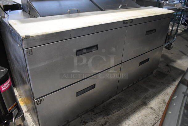 Delfield Stainless Steel Commercial Sandwich Salad Prep Table Bain Marie Mega Top w/ Cutting Board, Over Shelf and 4 Drawers on Commercial Casters. 115 Volts, 1 Phase. 65x33x55. Tested and Powers On But Temps at 49 Degrees - Image 3 of 7