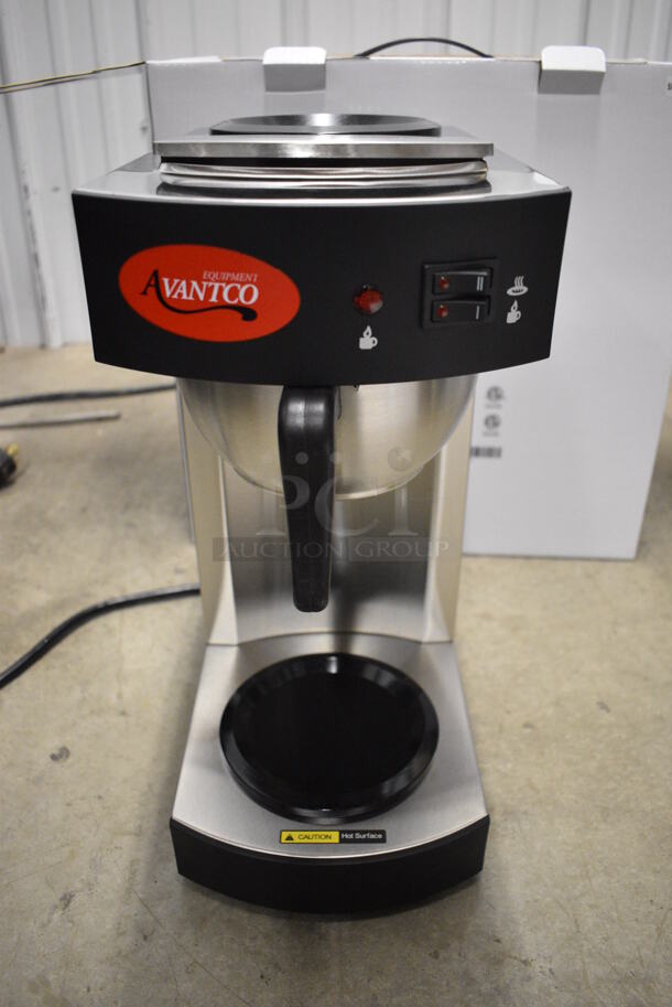 BRAND NEW! Avantco Model C10 Stainless Steel Commercial Countertop Single Burner Coffee Machine w/ Metal Brew Basket. 120 Volts, 1 Phase. 8x14x17