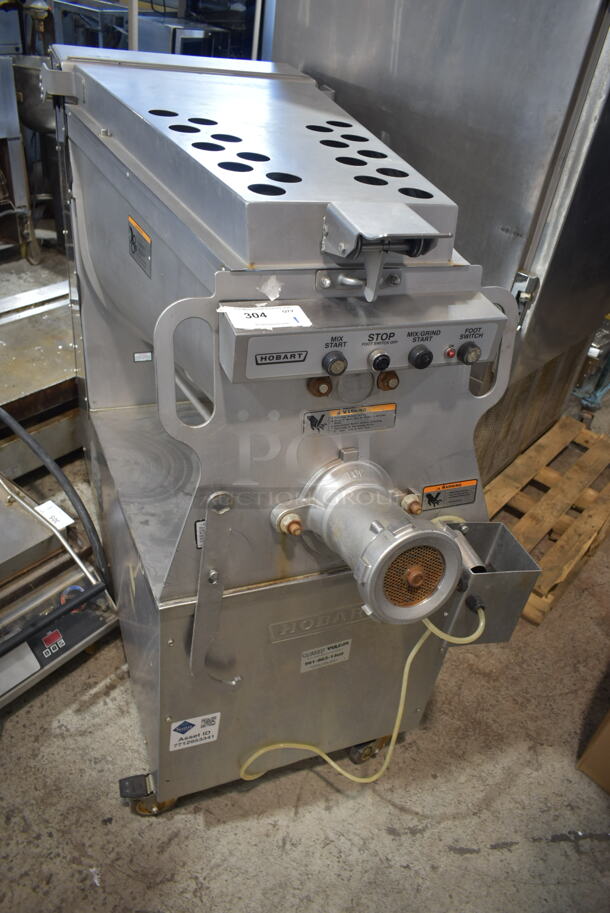 2015 Hobart MG2032 Metal Commercial Floor Style Electric Powered Meat Mixer Grinder w/ Foot Pedal on Commercial Casters. 208 Volts, 3 Phase. Tested and Working!
