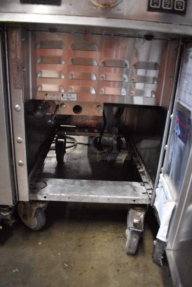 Keating Model 14TFMRI Stainless Steel Commercial Floor Style Natural Gas Powered 3 Bay Instant Recovery Deep Fat Fryer w/ Filtration System and 6 Metal Fry Baskets on Commercial Casters. 46x31.5x55 - Image 5 of 12
