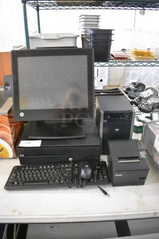 ALL ONE MONEY! Lot of 15" HP POS Monitor, HP UPS T750 Tower,  Epson Model M244A Receipt Printer, HP Metal Cash Drawer, Keyboard and Mouse.
