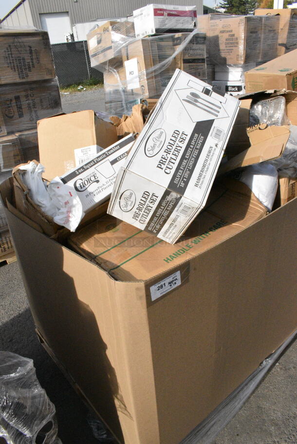 15 BRAND NEW Boxes Including 130ROLLKFSSH Visions 18" x 15 1/2" Pre-Rolled Linen-Feel White Napkin and Hammersmith Heavy Weight Silver Plastic Cutlery Set - 100/Case, Dart Clear Hinged Lid Containers. 15 Times Your Bid!  - Image 3 of 5