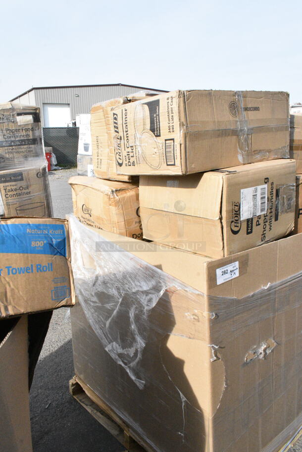 14 BRAND NEW Boxes Including Choice 16 oz Paper Hot Cups, 128HD8COMBO Choice Heavy Duty Plastic Deli Container, Choice Clear Dome Lids, 176RBD6WH Choice 6 Gallon White Round Beverage Dispenser. 14 Times Your Bid!  - Image 3 of 5