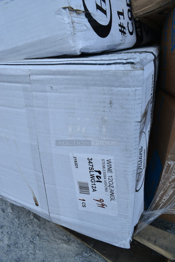 PALLET LOT of 20 BRAND NEW Boxes Including 347SLWG12A Visions 12 oz. Heavy Weight Clear Plastic Stemless Angled Wine Glass - 64/Case, 394365XL Noble Products Powder-Free Disposable Clear Vinyl Gloves for Foodservice - Extra Large - 1000/Case, 129MCR32B Choice 32 oz. Black Round Microwavable Heavy Weight Container with Lid 7 1/4" - 150/Case, 795PTOWHT1 Choice White Microwavable Folded Paper #1 Take-Out Container 4 3/8" x 3 1/2" x 2 1/2" - 450/Case, 126MF993B3C Ecopax 9" x 9" 3-Compartment Microwaveable Black Mineral-Filled Plastic Hinged Take-Out Container - 150/Case, 500CC16HW Choice Heavy Weight 16 oz. Clear Plastic Cold Cup - 1000/Case, Dart C53PST1 ClearSeal Hinged Lid Plastic Container 5 3/8" x 5 1/4" x 2 5/8" - 500/Case, 500TW16S Choice 16 oz. Translucent Thin Wall Squat Plastic Cold Cup - 1000/Case, 433NHT101 Choice 1/6 Standard Size White "Thank You" Standard-Duty Plastic T-Shirt Bag - 700/Case, 164VYCHAIRBK Lancaster Table & Seating Vineyard Series Smokey Black Outdoor Cross Back Chair, 127CH08F Choice 8 oz. Clear RPET Tall Hinged Deli Container - 200/Case, 5002CPTE Lavex 2-Ply White Center Pull Economy Paper Towel Roll, 500 Sheets / Roll - 6/Case, 394365M Noble Products Powder-Free Disposable Clear Vinyl Gloves for Foodservice - Medium - 1000/Case. 20 Times Your Bid!  - Image 2 of 12