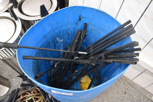 ALL ONE MONEY! Lot of Metal Tent Poles in Blue Trash Can. 22x22x31