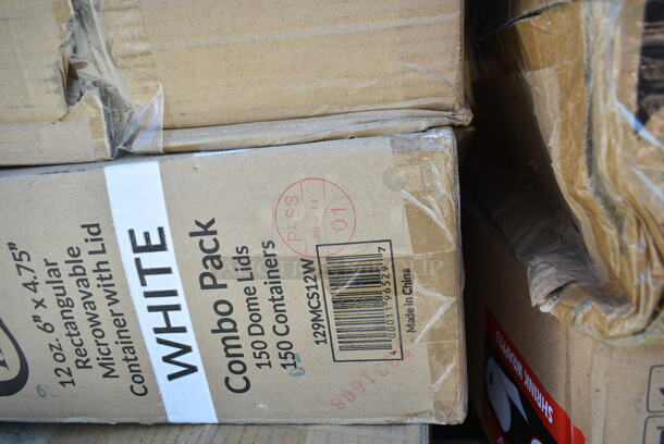 PALLET LOT of 26 BRAND NEW Boxes Including 128HD16COMBO ChoiceHD 16 oz. Microwavable Translucent Plastic Deli Container and Lid Combo Pack - 240/Case, 433LSLCPIE Choice 5" Clear Hinged Slice Container with Low Dome Lid, 966TALLFLDN Choice Kraft Natural Tall-Fold 6" x 13" Dispenser Napkin - 8000/Case, 500CC20 Choice Clear PET Plastic Cold Cup, 129MCS12W Choice 12 oz. White 6" x 4 3/4" x 1 3/4" Rectangular Microwavable Heavy Weight Container with Lid - 150/Case, 130IC10PCL Choice 10 lb. Clear Plastic Ice Bag with Ice Print - 1000/Case, 124HCDS1410 American Metalcraft HCDS1410 14" x 10" Hard Coat Anodized Aluminum Detroit-Style Pizza Pan, 347RPBD6WHGD White Plastic Plate with Gold Bands, 500CC20 Choice Clear PET Customizable Plastic Cold Cup - 20 oz. - 600/Case, 130HBKCUTKW Visions Individually Wrapped Black Heavy Weight Plastic Knife - 1000/Case, 129MCR50B Choice 43 oz. Black Round Microwavable Heavy Weight Container with Lid 9" - 150/Case, 433NHT101H Choice 1/6 Standard Size White "Thank You" Medium-Duty Plastic T-Shirt Bag - 1000/Case, 129MCS12W Choice 12 oz. White 6" x 4 3/4" x 1 3/4" Rectangular Microwavable Heavy Weight Container with Lid - 150/Case, 433LSLCPIE Choice 5" Clear Hinged Slice Container with Low Dome Lid. 26 Times Your Bid!  - Image 7 of 12