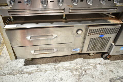 Randell Stainless Steel Commercial 2 Drawer Chef Base on Commercial Casters. Tested and Powers On But Does Not Get Cold