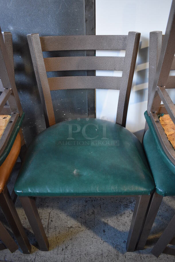 4 Brown Metal Dining Chairs w/ Green Seat Cushion. 17x16x32. 4 Times Your Bid!