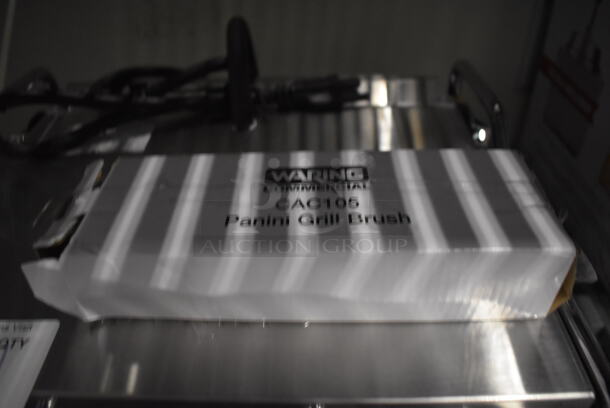 BRAND NEW! Waring Supremo WPG250 Stainless Steel Commercial Countertop Grooved Top & Bottom Panini Sandwich Grill. 120 Volts, 1 Phase. 20x19x9. Tested and Working! - Image 4 of 6