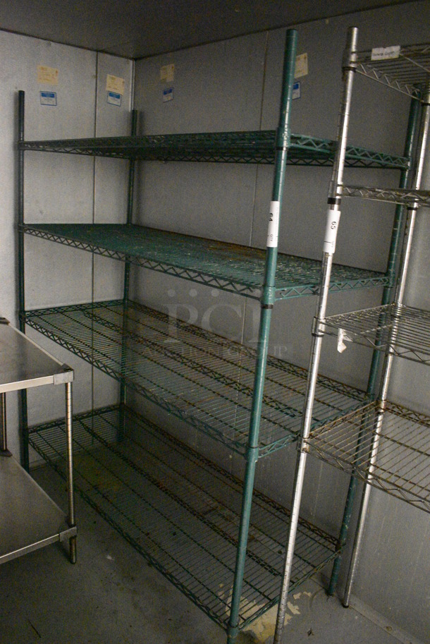 Green Finish 4 Tier Wire Shelving Unit. BUYER MUST DISMANTLE. PCI CANNOT DISMANTLE FOR SHIPPING. PLEASE CONSIDER FREIGHT CHARGES. 60x24x72. (kitchen)