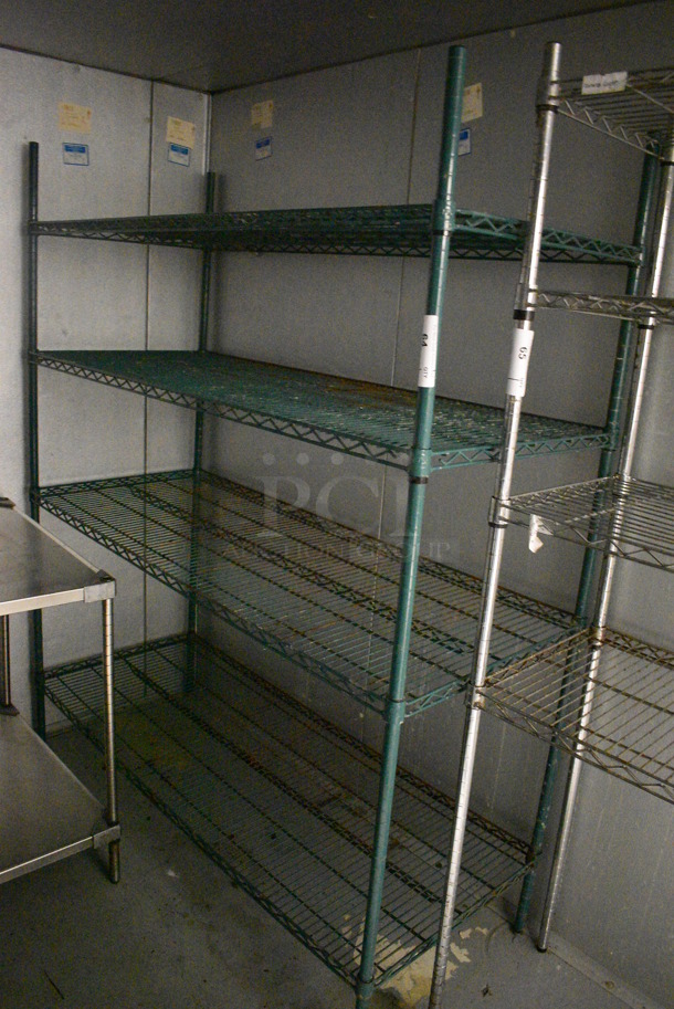 Green Finish 4 Tier Wire Shelving Unit. BUYER MUST DISMANTLE. PCI CANNOT DISMANTLE FOR SHIPPING. PLEASE CONSIDER FREIGHT CHARGES. 60x24x72. (kitchen) - Image 1 of 4