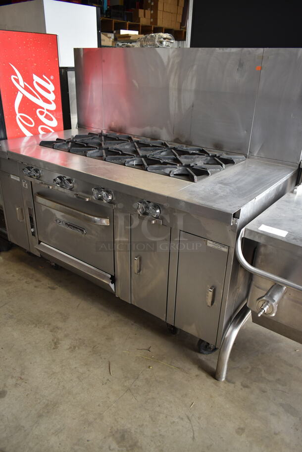 Southbend P48A-BBBB Stainless Steel Commercial Natural Gas Powered 8 Burner Range w/ Convection Oven, Side Counters and Back Splash.  - Image 2 of 12