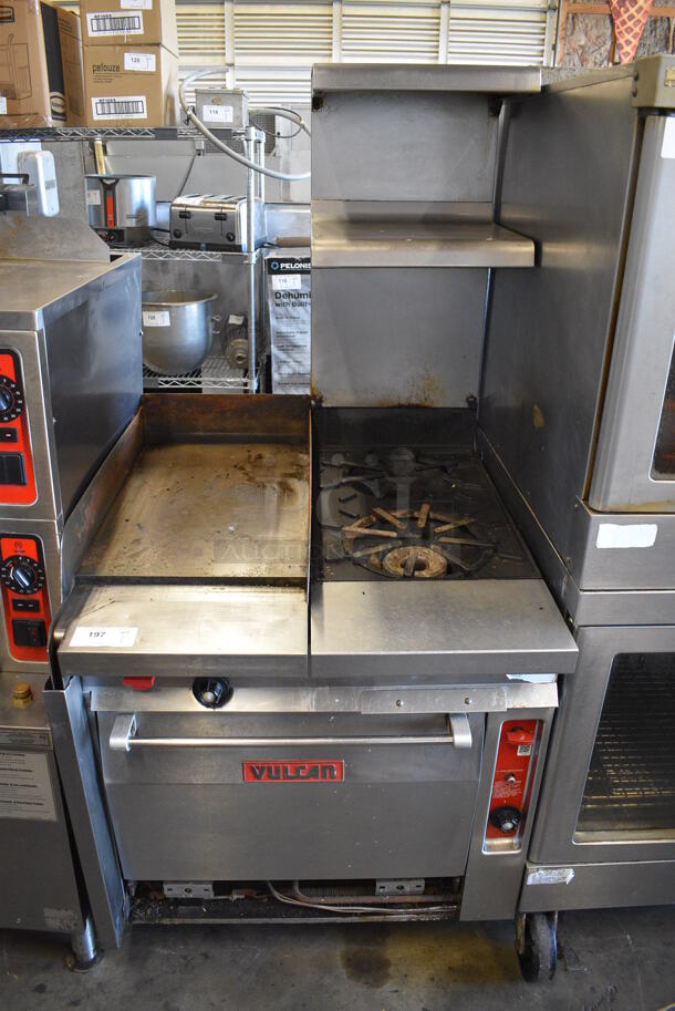 Vulcan GH60T45 Stainless Steel Commercial Natural Gas Powered 2 Burner Range w/ Flat Top Griddle, Oven and 2 Over Shelves on Commercial Casters. 34x40x72