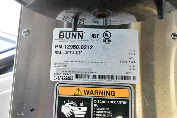 Bunn CWTF15 Stainless Steel Commercial Countertop 3 Burner Coffee Machine w/ Poly Brew Basket. 120 Volts, 1 Phase.  - Image 8 of 8
