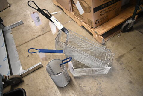4 BRAND NEW SCRATCH AND DENT! Various Metal Fry Baskets Including Anets A4500310 13 1/4" x 8 1/2" x 5 3/4" Twin Fryer Basket with Front Hook, Anets P9800-56 17" x 5 3/4" x 6" Triple Size Fryer Basket with Front Hook, Anets P9800-53 13" x 4 1/4" x 5 1/2" Triple Size Fryer Basket with Front Hook, 119P980092 Anets P9800-92 5 3/4" x 9" Stainless Steel Round Pasta Basket. 4 Times Your Bid!