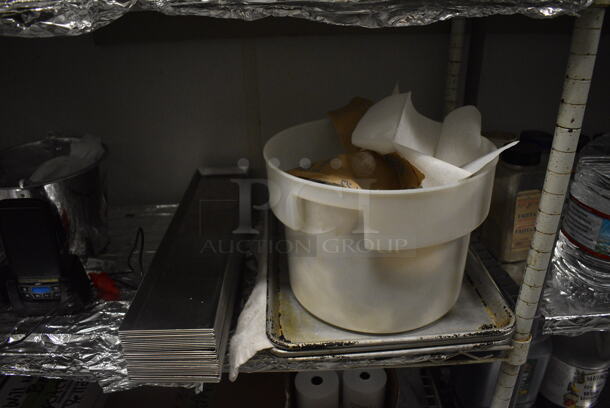 White 5 Tier Wire Shelving Unit w/ Contents Including Soup, Utensils and Receipt Paper Rolls. BUYER MUST REMOVE. BUYER MUST DISMANTLE. PCI CANNOT DISMANTLE FOR SHIPPING. PLEASE CONSIDER FREIGHT CHARGES. 48x18x75. (kitchen) - Image 7 of 10