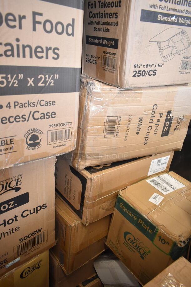 PALLET LOT of 32 BRAND NEW Boxes Including 612D3COMP Choice 8 1/2"x 6 3/8" 3-Compartment Oblong Foil Take-Out Container with Board Lid - 250/Case, 795PTOKFT3 Choice Kraft Microwavable Folded Paper #3 Take-Out Container 7 3/4" x 5 1/2" x 2 1/2" - 200/Case, 5008W Choice 8 oz. Tall White Poly Paper Hot Cup - 1000/Case, 2 Box Dart Foam Hinged Lid Containers, 164TBHRDWR8 Lancaster Table & Seating 12 Piece Floor Glide and Screw Table Base Hardware Kit, 5012433M1 Lavex Li'l Herc 12-16 Gallon 0.9 Mil 24" x 32" Low Density Medium-Duty Black Can Liner / Trash Bag - 250/Case, 394385L Noble Products White Powder-Free Disposable Latex Gloves for Foodservice - Large - 1000/Case, 760PCC05W Choice 5 oz. White Poly Paper Cold Cup - 3000/Case, 126MF883B3C Ecopax 8" x 8" 3-Compartment Microwaveable Black Mineral-Filled Plastic Hinged Take-Out Container - 150/Case. 32 Times Your Bid! - Image 10 of 10