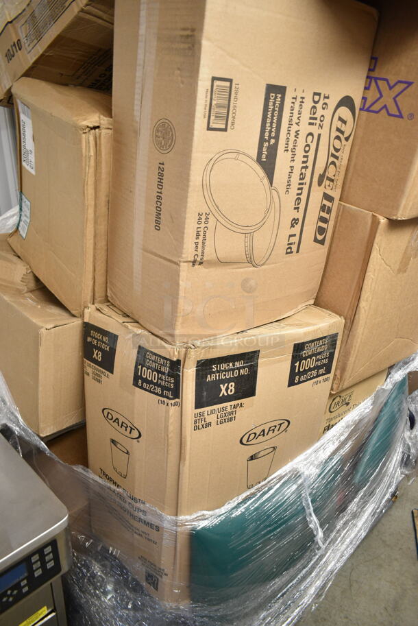 PALLET LOT of 25 BRAND NEW Boxes Including 43205800 Choice White Linen-Feel 1/8 Fold Dinner Napkin - 800/Case, Dart 10PWCR Concorde 10 1/4" White Non-Laminated Round Foam Plate - 500/Case, 3 Box 128HD16COMBO ChoiceHD 16 oz. Microwavable Translucent Plastic Deli Container and Lid Combo Pack - 240/Case, Solo X8-J8002 Trophy Plus 8 oz. Symphony Foam Cup - 1000/Case, 347RS Choice 1 oz. Clear Plastic Shot Glass - 2500/Case, Dart 10J10 10 oz. White Customizable Foam Cup - 1000/Case, Lavex 257UB1648 16" x 48" Heavy-Duty Steel U-Boat Utility Cart - 2000 lb. Capacity, Barbecue Bags. 25 Times Your Bid! - Image 5 of 12