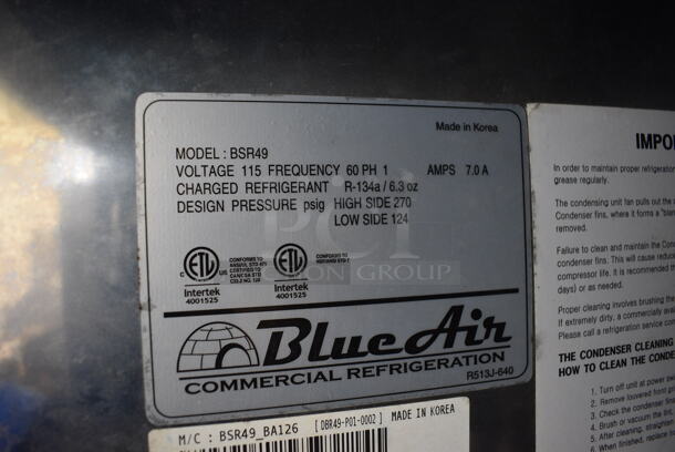 BlueAir BSR49 ENERGY STAR Stainless Steel Commercial 2 Door Reach In Cooler w/ Poly Coated Racks and Commercial Casters. 115 Volts, 1 Phase. 54x32x78. Tested and Working! - Image 4 of 7