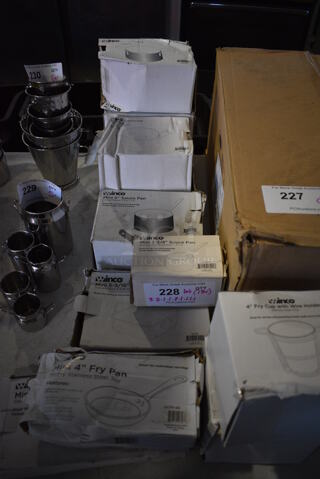 13 Various BRAND NEW IN BOX! Winco Stainless Steel Items; 2 Fry Cup, Mini 2-3/4" Sauce Pan, 2 4" Fry Pans, 5" Fry Pan, Mini 5-3/16" Square Kadai Bowl, Mini 5" Sauce Pan, 2 Mini 4-3/4" Casserole and 3 Mini 4-3/4" Casserole. 13 Times Your Bid!