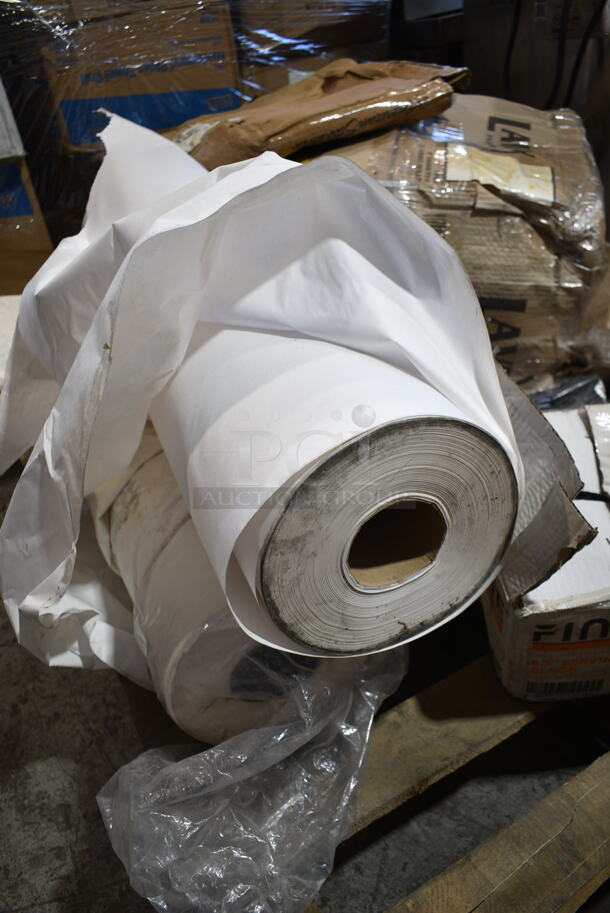 PALLET LOT of 9 BRAND NEW Items Including 164CUSHMTLBK Lancaster Table & Seating 2 1/2" Black Vinyl Padded Seat for Metal Frame Seating, 5002TPJ  Lavex 2-Ply 720' Universal Jumbo Toilet Paper Roll with 9" Diameter - 12/Case, 765EHC1P Chick-fil-A® Hero Cutter English One Pager, Vikan 77749 23 5/8" Replacement Squeegee Blade for 77545 and 77645, 765HSC56 Choice 5 1/2" x 6" Cutter for Hero Sandwich, Fineline PP3301-BK Platter Pleasers Black 8 1/2" Polypropylene Serving Fork - 144/Case, Rolls of Butcher Paper. 9 Times Your Bid!  - Image 11 of 11