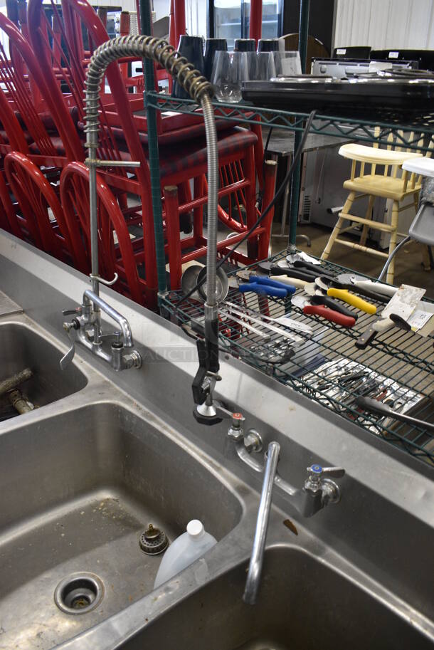 Stainless Steel Commercial 3 Bay Sink w/ Left Side Drainboard, 2 Faucets, 2 Handle Sets and Spray Nozzle Attachment. 110x30x25. Bays 24x24x12. Drainboards 30x25x1 - Image 6 of 6