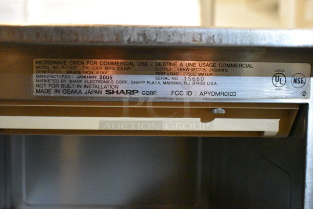 Sharp R-23GT Stainless Steel Commercial Countertop Microwave Oven. 120 Volts, 1 Phase. This Unit Was In Working Condition When the Restaurant Closed. (basement)  - Image 4 of 4