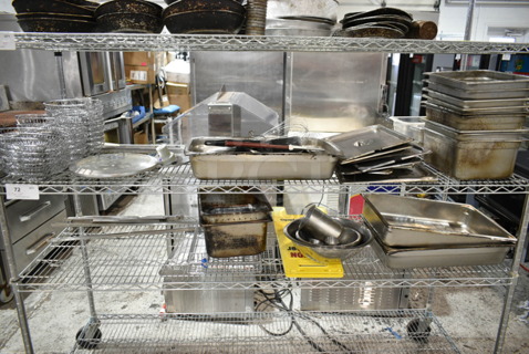 ALL ONE MONEY! Two Tier Lot of Various Items Including Stainless Steel Drop In Bins, Lids, Metal Bread Baskets, Bowls. 