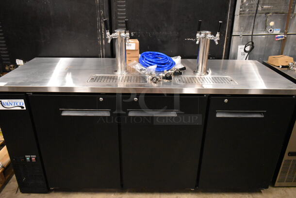 BRAND NEW SCRATCH AND DENT! 2024 Avantco 178UDD378 Metal Commercial Black Kegerator / Beer Dispenser with 2 Double Tap Towers - (4) 1/2 Keg Capacity. 115 Volts, 1 Phase. Tested and Working! - Image 2 of 11