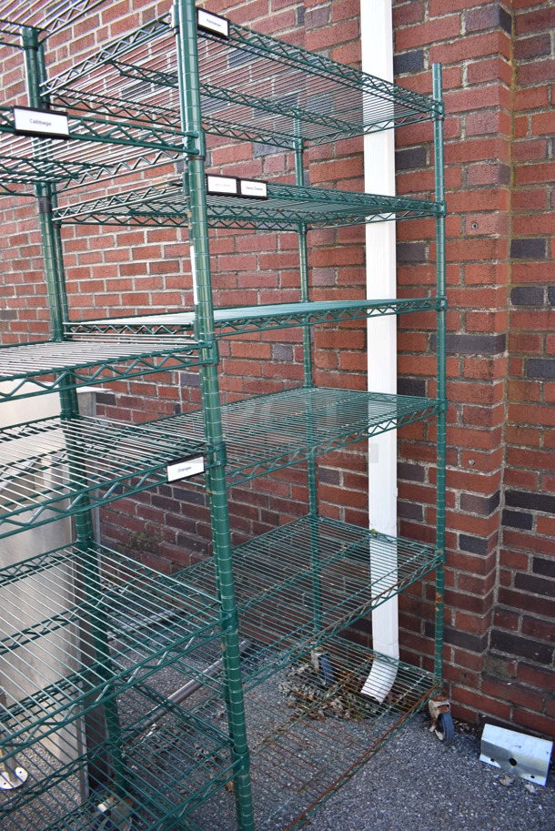 Green Finish 6 Tier Wire Shelving Unit on Commercial Casters. BUYER MUST DISMANTLE. PCI CANNOT DISMANTLE FOR SHIPPING. PLEASE CONSIDER FREIGHT CHARGES. 36x21x80