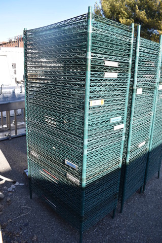 ALL ONE MONEY! Lot of 43 Green Finish Wire Shelves and 4 Poles. 36x21x1.5, 76"
