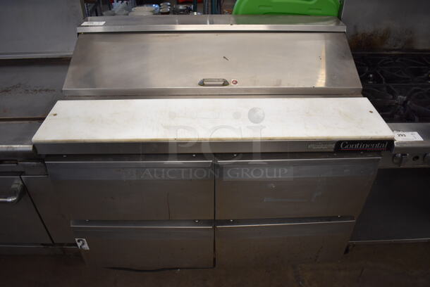 Continental SW48-12 Stainless Steel Commercial Sandwich Salad Prep Table Bain Marie Mega Top w/ 4 Drawers on Commercial Casters. 115 Volts, 1 Phase. 48x30x44. Tested and Powers On But Temps at 58 Degrees