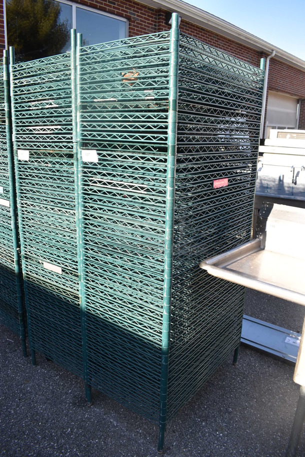 ALL ONE MONEY! Lot of 42 Green Finish Wire Shelves and 4 Poles. 36x21x1.5, 76