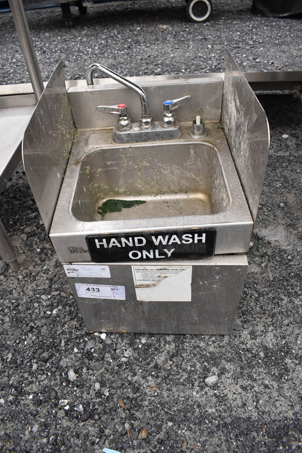 Glastender WDH-14 Stainless Steel Commercial Single Bay Wall Mount Sink w/ Faucet, Handles and Side Splash Guards. 14x15x21 - Image 1 of 4