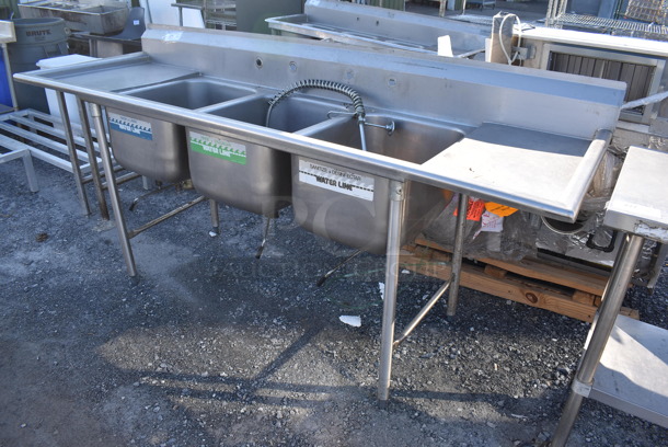 Stainless Steel Commercial 3 Bay Sink w/ Dual Drain Boards, Faucet, Handles and Spray Nozzle Attachment. 96x32x45. Bays 18x24x12. Drain Board 16x28x1 - Image 2 of 5