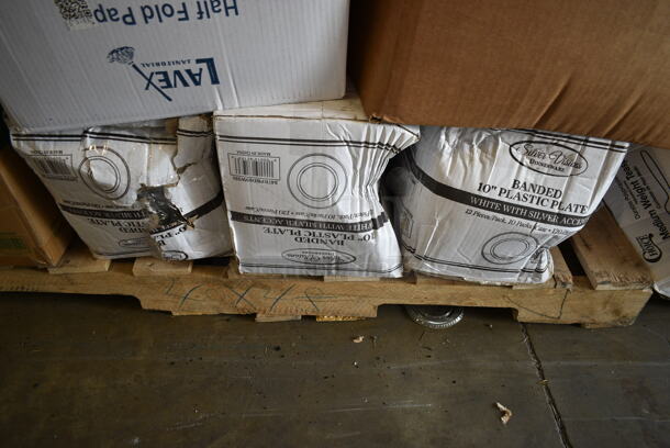 PALLET LOT of 34 BRAND NEW Boxes Including 2 Box 129MCR24B Choice 24 oz. Black Round Microwavable Heavy Weight Container with Lid 7 1/4" - 150/Case, Banquet Roll 40'x300', 3 Box 347RPBD10WHS Visions 10" White Plastic Plate with Silver Bands - 120/Case, 500TSCOVER Lavex Half Fold Paper Toilet Seat Cover - 5000/Case, 394385L Noble Products White Powder-Free Disposable Latex Gloves for Foodservice - Large - 1000/Case, 395TO991 EcoChoice 9" x 9" x 3" Compostable Sugarcane / Bagasse 1 Compartment Take-Out Box - 200/Case, Choice Foil Steam Table Pans. 34 Times Your Bid! - Image 6 of 12