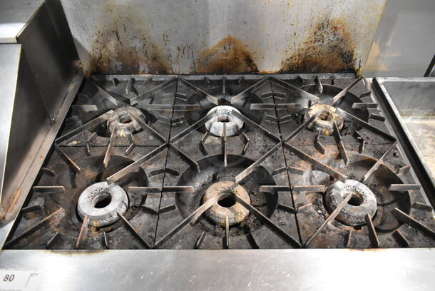 Vulcan 36L-572 Stainless Steel Commercial Propane Gas Powered 6 Burner Range w/ Oven, Over Shelf and Back Splash on Commercial Casters.  - Image 2 of 6