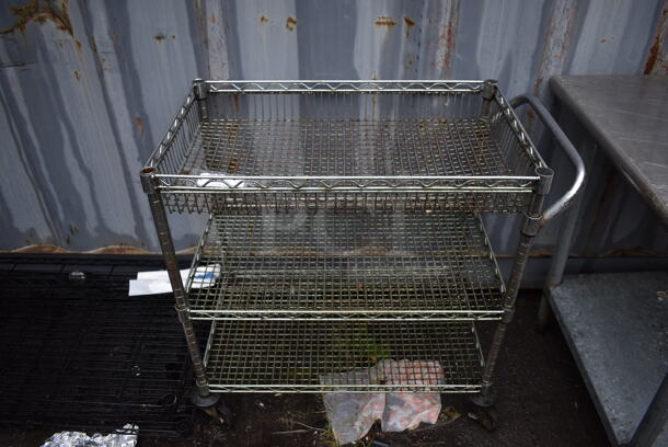 Metal 3 Tier Wire Cart w/ Push Handle on Commercial Casters. 34x18x30