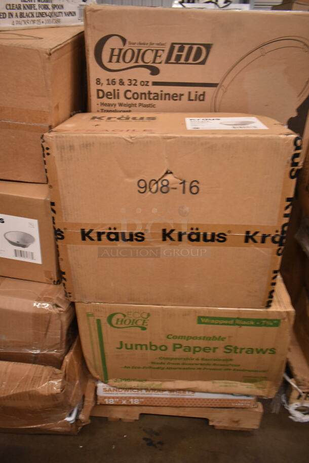 PALLET LOT of 36 BRAND NEW Boxes Including 395TO993 EcoChoice 9" x 9" x 3" Compostable Sugarcane / Bagasse 3 Compartment Takeout Container - 200/Case, 130IC10PCLW1M Choice 10 lb. Clear Wicketed Ice Bag with Ice Print - 1000/Case, 128HD12COMBO ChoiceHD Microwavable Translucent Deli Container, 7 Box Hollowick HD50-36 50 Hour "Smokeless" Clear Liquid Candle Fuel Cartridge - Not for Home Consumer Use - 48/Case, enMotion 59460A Dispenser, Acopa 553GD1535WS Wood Base for Acopa 3 and 5 Gallon Glass Beverage Dispensers,Jumbo Paper Straws, 2 Box 130PKROLLKFS Visions 17" x 17" Black Pre-Rolled Linen-Feel Napkin and Clear Heavy Weight Plastic Cutlery Set - 100/Case, Kraus KCU-273 Ceramic Sink. 36 Times Your Bid! - Image 9 of 12