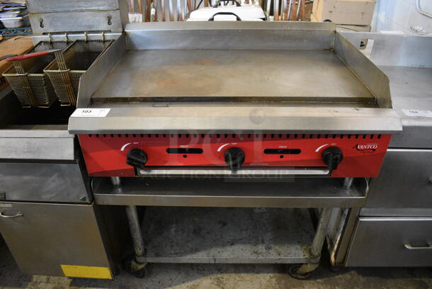 2021 Avantco CAG36MG Stainless Steel Commercial Countertop Natural Gas Powered Flat Top Griddle w/ Stainless Steel Commercial Equipment Stand on Commercial Casters. 36x30x18, 36x30x26 - Image 1 of 9