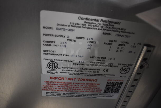 BRAND NEW! Continental SW72-30M Stainless Steel Commercial Sandwich Salad Prep Table Bain Marie Mega Top on Commercial Casters. 115 Volts, 1 Phase. 72x34x42. Tested and Working! - Image 6 of 9