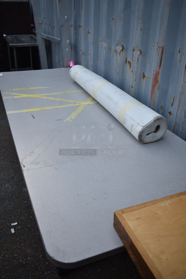 Gray Dining Height Table on 3 Straight Leg Metal Bases.  - Image 3 of 4