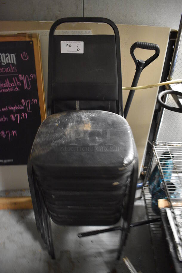 6 Black Metal Stackable Banquet Chairs w/ Black Cushions. 18x21x37. 6 Times Your Bid! (kitchen) - Image 1 of 3