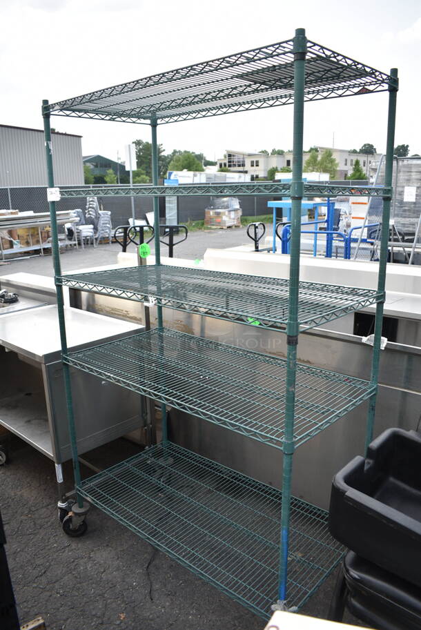 Green Finish 5 Tier Wire Shelving Unit on Commercial Casters. BUYER MUST DISMANTLE. PCI CANNOT DISMANTLE FOR SHIPPING. PLEASE CONSIDER FREIGHT CHARGES. - Image 1 of 2