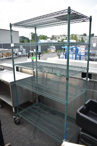 Green Finish 5 Tier Wire Shelving Unit on Commercial Casters. BUYER MUST DISMANTLE. PCI CANNOT DISMANTLE FOR SHIPPING. PLEASE CONSIDER FREIGHT CHARGES.