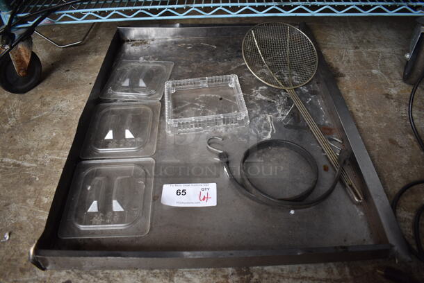 ALL ONE MONEY! Lot of Various Items Including Skimmer and Poly 1/6 Size Drop In Bin Lids in Metal Tray! 29x23x2